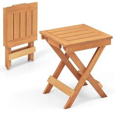 two wooden folding chairs next to each other on a white background and one is empty