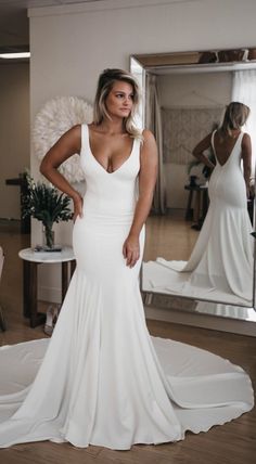 Mermaid Sexy Deep V-back Wedding Dress - daisystyledress Deep V Back Wedding Dress, Dream Wedding Dresses Princesses, Simple Wedding Dress With Sleeves, Mermaid Fit, Open Backs, Lace Wedding Dress With Sleeves, Simple Wedding Dress, Trumpet Wedding Dress, Hayley Paige