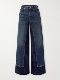 The contrasting textures of Stella McCartney's jeans make them feel so fresh. Cut from denim, they're paneled with tonal corduroy along the hem and inseam, creating a wide-leg shape. Wear yours with a trucker jacket or tucked-in blouse. Tailored Jeans, Stella Mccartney Jeans, Contrasting Textures, Stella Mc, High Rise Wide Leg Jeans, Floral Dresses Short, Cold Style, Shape Wear, Sport Swimwear