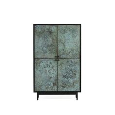 a metal cabinet with four doors on one side and an iron frame on the other