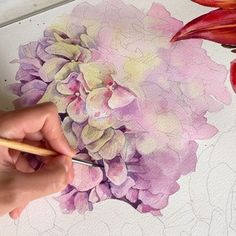 a person is drawing flowers on a piece of paper with a pencil and watercolor