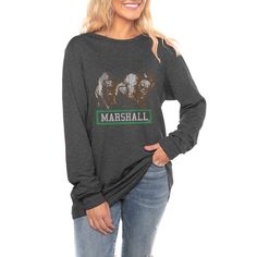 The Women's Gameday Couture Charcoal Marshall Thundering Herd Tailgate Club Luxe Boyfriend Long Sleeve T-Shirt is the perfect way to show your support for the Marshall Thundering Herd. Made from a soft cotton and polyester blend, this shirt is comfortable and stylish, perfect for any occasion. The cuffed sleeves add a touch of sophistication, while the Marshall Thundering Herd logo proudly displayed on the front shows your team spirit. Whether you're cheering on the Herd at the game or just relaxing at home, this shirt is sure to become a favorite. Fall Fan Apparel Long Sleeve Tops, Gray Long Sleeve Fan Apparel Top, Long Sleeve Tops For Game Day In Fall, Tri-blend Crew Neck Top For Fall, Gray Tops For Game Day In Fall, Tri-blend Long Sleeve Tops With Letter Print, Tri-blend Long Sleeve Tops For Fall, Gameday Couture, The Marshall