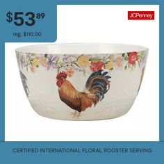 a bowl with roosters painted on it and the words $ 53 99 reg $ 100 00