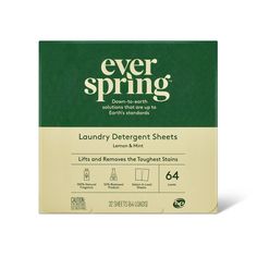 the ever spring laundry detergent sheets are shown in front of a white background with green lettering