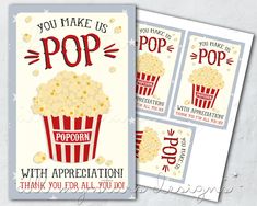 two popcorn themed thank you cards with the words, you make us pop and popcorn