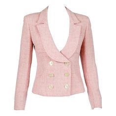 Valentino "Miss V" Pink tweed jacket featuring a double breast button opening, padded shoulders, a feminine fitted waist. In good vintage condition. Made in Italy. Estimated size 38fr/US6 /UK10 We guarantee you will receive this gorgeous item as described and showed on photos. (please enlarge images to see all details on photos) Accrocs Shoulders 15,3 in. (39cm) Chest 36,2 in. (92cm) Waist 31,4 in. (80cm) Length 22.4 in. (57cm) Pink Tweed Jacket, Valentino Jacket, Valentino Pink, Png Clothes, Pink Tweed, Checked Jacket, Evening Jackets, Striped Jacket, Button Jacket