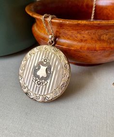 "Beautiful and special antique locket necklace. I just love this one! Wow! Circa 1900. Expertly engraved designs - the back even has a neat old monogram in fancy script font.  I really love the proportions, it's a slightly larger locket at 1.5\" but on a longer 21\" chain it hangs just perfectly.  Rich old slightly rose gold filled. Signed inside locket with makers mark. No covers or inserts inside. Chain signed 1/20 12K GF on clasp. Some dark patina in a few recessed areas. Light normal surface Fancy Script Font, Tri Color Ring, Necklace Fancy, Large Locket, Fancy Script, Antique Locket, Locket Pendant Necklace, Lucky Horseshoe, Victorian Gold