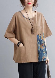 Chic Khaki Patchwork Pockets Cotton Linen Shirt Summer ( Limited Stock) - Omychic Patchwork Clothes, Old Outfits, Upcycle Shirt, Linen Maxi Dress, Comfortable Room, Summer Fabrics, Cup Size, Linen Clothes, Upcycle Clothes