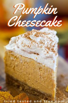 a slice of pumpkin cheesecake on a wooden cutting board with the title overlay