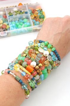 So easy on the eyes, this bracelet kit will add a light and vibrant look to your bracelet stack and is sure to delivery joy. This kit feels like a fresh day in Spring; it's easy, breezy, fun to make, and even more fun to wear!Kit includes enough beads to make 15+ bracelets and includes designer quality gemstones. All you'll need is a pair of scissors or jewelry snips and an afternoon. Perfect for birthday parties or girls nights in too! Creating a bracelet stack is easier than you think! This ki Stackable Round Beads For Jewelry Making, Multicolor Stackable Bracelets, Bracelet Making Kit, Bracelet Kit, Diy Gemstone, Bracelet Kits, Stretchy Bracelets, Easy Breezy, Bracelet Stack