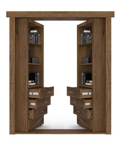 an open wooden bookcase with drawers and books on the shelves, in front of a white background