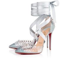 Christian Louboutin's Mechante Reine 40.5 Reimagines Cinderella's Glass Slipper Stiletto As If It Were Designed By A Maleficent Queen. Gone The Evanescence Of The Innocent Girl's Slipper, Which Gives Way To Iridescent Studs Of Varying Sizes Covering The Pvc Toe And Cloud Blue Suede Counter. An Elegant Ribbon Crosses Over The Foot Before Wrapping Around The Ankle, Above A Superfine 100mm Suede Heel. 4"/100mm Heel (Approximately). Pointed Toe. Crisscross Ribbon Ties. Suede-Covered Stiletto Heel. O Louboutin Wedding, Luxurious Shoes, Fashion Shoes Heels, High Heels Boots, Louboutin Heels, Christian Louboutin Heels, Fancy Shoes, Christian Louboutin Women, Slippers For Girls