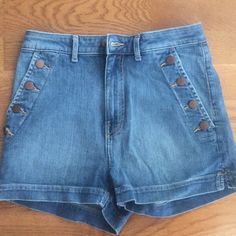 Never Worn! Like Brand New H&m Mid-rise Summer Bottoms, Casual H&m Blue Jean Shorts, Blue H&m Jean Shorts, H&m Blue Denim Shorts, H&m Blue Denim Jean Shorts, Blue H&m Bottoms With Pockets, H&m Blue Jean Shorts, Blue H&m Shorts, H&m High Rise Shorts For Summer