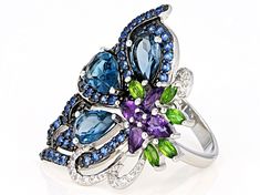 3.28ctw pear shape London blue topaz with .63ctw pear shape and .02ct round African amethyst, .36ctw marquise Russian chrome diopside, .94ctw round lab created blue spinel and .19ctw round white zircon, rhodium over sterling silver ring. Measures approximately 1.20"L x 1.29"W. Not sizeable. Black rhodium. Fine Jewelry With Multi-stone Marquise Cut, Elegant Sapphire Multi-stone Topaz Ring, Luxury Pear-shaped Blue Topaz Jewelry, Elegant Multi-stone Pear-shaped Jewelry, Elegant Teardrop Multi-stone Rings, Fine Jewelry Blue Topaz In Pear-shaped, Fine Jewelry Blue Topaz Pear-shaped, Exquisite Multi-stone Pear-shaped Jewelry, Fine Jewelry Multi-stone Marquise Cut