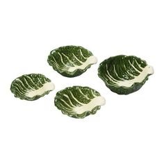 three green cabbage leaves with white tops on a white background, set of four pieces