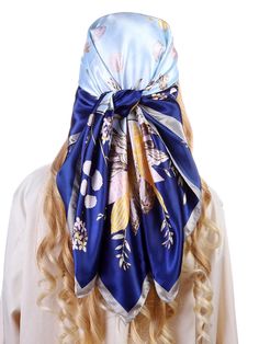 Achieve both style and comfort with our Floral Elegance Satin Turban Head Wrap. Made from soft material, it serves as a versatile chemo hat, headscarf, hijab, cap, and bandana. The elegant floral design adds a touch of sophistication, making it perfect for everyday wear or special occasions. Color : Navy Blue Material : Polyester Composition : 100% Polyester Size Length Width one-size 35.4 35.4 Elegant Adjustable Headscarf For Beach, Spring One-size Headwrap Scarf, Elegant One Size Bandana Headband, Elegant One Size Headband Bandana, Elegant Headband Style Bandana, Elegant One Size Turban For Beach, Elegant One Size Beach Turban, Elegant One-size Beach Turban, Elegant Blue Headscarf