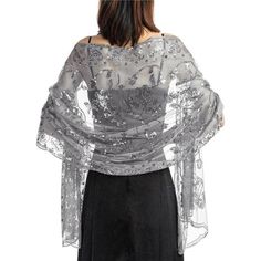 The Dressy Shawls And Wraps For Evening Wear Are Super Soft, Comfortable, And Lightweight. This See-Through Lace Sequin Shawl Is A Gorgeous Accessory For Spring, Summer, Winter, And Fall From Day To Night. 1920s Wrap For Women Is Designed With Sequin Flower Trim And Scallop Edge Detail. A Lovely Lightweight Scarf That Makes A Great Gift For Valentine's Day, Stuffer For Christmas, Thanksgiving, New Year, Mother's Day, Birthday, Graduation, Or Other Special Occasions. This Luxurious Scarf Would Be Sequin Shawl, Grey Shawl, Shawl Outfit, Sparkly Scarf, Special Event Outfit, Dallon Weekes, Sequin Flower, Bridesmaid Shawl, Evening Shawls