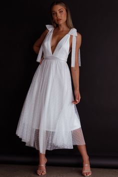 Shop the Kathryn Tied Shoulder Mesh Midi Dress White | Selfie Leslie Birthday Soiree, Selfie Leslie, Mesh Midi Dress, Yellow Bridesmaids, Veil Hairstyles, White Midi, Blue Bridesmaids, White Heels, Date Night Dresses