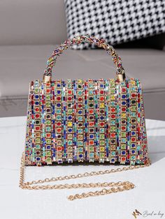 Bird in Bag - Glamorous Evening Clutch Bag in Vibrant Rhinestones Multicolor Rhinestone Evening Bag For Party, Multicolor Rhinestone Evening Bag For Events, Glamorous Multicolor Party Bags, Glamorous Multicolor Bags For Formal Occasions, Multicolor Rectangular Evening Bag With Rhinestones, Multicolor Rhinestone Rectangular Evening Bag, Elegant Multicolor Rhinestone Bags, Glamorous Square Bag With Rhinestones, Embellished Multicolor Bags As Fashion Accessory