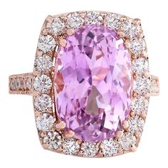 12.33 Carat Natural Kunzite 14 Karat Rose Gold Diamond Ring Stamped: 14K Rose Gold Total Ring Weight: 6.8 Grams Total Natural Kunzite Weight is 11.00 Carat (Measures: 15.50x10.50 mm) Color: Pink Natural Diamond Weight is 1.33 Carat Color: F-G, Clarity: VS2-SI1 Face Measures: 19.50x16.35 mm Sku: [703097W] Pink Diamond Jewelry, Kunzite Ring, Expensive Rings, Tanzanite Diamond Ring, Pink Sapphire Ring, Purple Jewelry, Rose Gold Diamond Ring, Pretty Rings, Rose Gold Diamonds