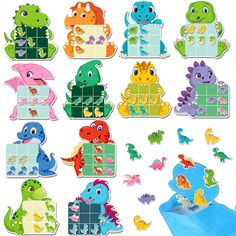 an assortment of dinosaur stickers with different shapes and sizes, including one in the center