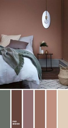 a bedroom with pink walls and neutrals in the color scheme, along with white bedding