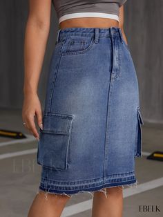 Ebeek - Womens Denim Skirt with Flap Pockets and Raw Hem, Featuring Y2K & Kpop Style Influence Non-stretch Denim Skirt With Pockets, Trendy High-waisted Denim Skirt With Side Pockets, Trendy High Waist Denim Skirt With Side Pockets, Trendy Denim Skirt With Pockets, Trendy Dark Wash Skirt With Pockets, Trendy Denim Blue Skirt With Side Pockets, Trendy Denim Skirt With Side Pockets For Spring, Trendy Spring Denim Skirt With Side Pockets, Spring Trendy Denim Skirt With Side Pockets