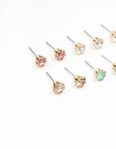 Level up your ear game with stacked earrings for a personalized and fun look. These studs featuring diamante crystals are perfect for adding a touch of subtle sparkle to your ensemble. Material: Crystal Dimensions: Length 5 mm x Width 5 mm | Lovisa Gold Pastel Diamante Stud Earrings 8-Pack Stacked Earrings, Level Up, Piercings, Sparkle, Stud Earrings, Pastel, Crystals, Gold