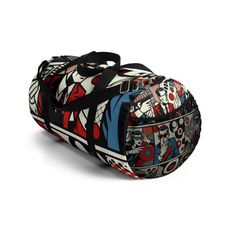 Express your playful side with our Red & White Pop Art Duffle Bag! Adorned with dynamic and playful cartoon characters, bold abstract shapes, and comic-style motifs, it brims with a trendy & contemporary aesthetic. With thick black outlines and classic Ben-Day dots, the bag perfects the balance between large and small elements, creating an engaging visual composition. This eye-catching, modern bag embodies sophistication with a twist. #DuffleBag #PopArt #RedAndWhite #CartoonPrint #AbstractShapes #ComicStyle #BenDayDots #PlayfulDesign #ModernAesthetic #SophisticatedStyle Functional Multicolor Bags For Streetwear, Retro School Bags With Graphic Print, Retro Travel Bag With Graphic Print, Multicolor Rectangular Bags For Streetwear, Trendy Multicolor Bag For Streetwear, Multicolor Travel Bag With Graphic Print, Red Rectangular Bag For Streetwear, Black Graphic Print Bags For Streetwear, Black Bags With Graphic Print For Streetwear