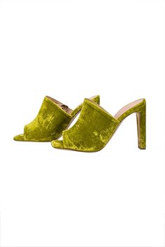 Introduce your feet to these chartreuse velvet mules, a stylish and sassy addition to any outfit. The open square toe adds a touch of allure, making these shoes perfect for a fun brunch with friends. Pair with jeans and a blouse for a quirky and chic look! Size 7 (IT 37) Made in Italy Velvet upper Leather lining and sole Heel height 4" Chartreuse Velvet, Rupert Sanderson Shoes, Velvet Mules, Heeled Mule, Women's Mules, Green Velvet, Chunky Heels, Mule, Sale Items