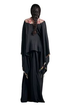 Buy Black Pure Silk Embroidered Dori Round Foliage Short Kaftan With Draped Skirt For Women by Stotram Online at Aza Fashions. Embroidered Foliage, Short Kaftan, Black Pure, Draped Skirt, Beaded Neckline, Skirt For Women, Silk Shorts, Embroidered Shorts, Embroidered Silk