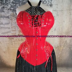 "New overbust corset from \"MystiC City Corsets\" design: MCC-30 Long Line (bigger bust/wide hips)  ORIGINAL design/photo: \"MystiC City Corsets\" - Red PVC - cotton twill lining steel boning  - 6 x 12mm wide \"white\" flat steel bones (flexible) - 20 x 6mm wide spiral steel bones (flexible) - steel busk (stiff) - boned underbusk for extra stiff front support - floating modesty panel: 5\" wide ( boned) - high quality silver tone 1/4\" grommets - back lacing: red cord corset is recommended for wa Tightlacing Corset, Modesty Panel, Lace Tights, Overbust Corset, White Flat, Big Bust, High Hips, Waist Training, Design Photo