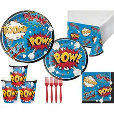 the party supplies includes plates, cups and napkins with comic - themed designs on them