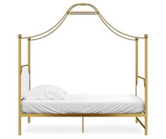 a gold metal bed with white sheets and pillows on it's headboard, against a white background