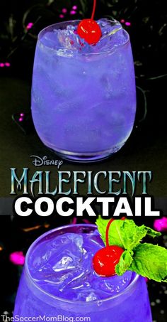 a blue cocktail with a cherry garnish on top and the words maleficent cocktail