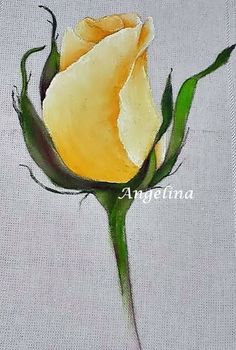 a painting of a yellow rose on a white background with the words angelina above it