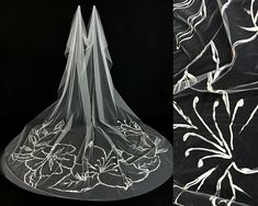 the veil is designed with white flowers on black background and in front, there are two different views of it