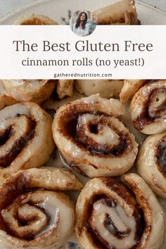 the best gluten free cinnamon rolls no yeast on a plate with text overlay