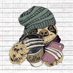 a drawing of a slotty holding a camera and wearing a knitted hat with the word coffee written on it