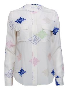 Current Boutique-Equipment - Ivory & Multicolor Floral Long Sleeve Button Front Shirt Sz S Spring Long Sleeve Shirt With Buttons, White Floral Print Long Sleeve Tops, White Floral Print Shirt For Fall, Multicolor Floral Print Long Sleeve Tops, Feminine Long Sleeve Shirt For Spring, Collared Multicolor Floral Print Top, Multicolor Printed Shirt For Spring, Multicolor Floral Print Long Sleeve Blouse, Multicolor Floral Print Button-up Shirt