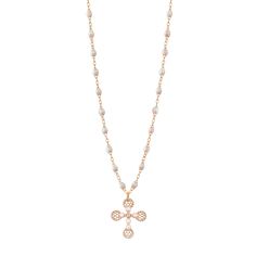 Gigi Clozeau - Lace Cross Diamond Necklace, Opal, Rose Gold, 16.5 Luxury White Diamond Necklace With Pearl Chain, Luxury Pearl Necklace With Adjustable Chain, Luxury Pearl Pendant Chain Necklace, White Luxury Necklace With Delicate Chain, Luxury White Necklace With Delicate Chain, Rose Gold Pendant Necklace With Pearl Charm, Luxury Rose Gold Pearl Chain Jewelry, Luxury Rose Gold Pearl Jewelry, Fine Jewelry Rose Gold Necklace With Pearl Pendant