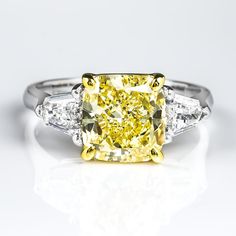 2.80 Ct. Canary Fancy Yellow Cushion Cut w Bullet Cut 3 Stone Diamond Ring VS1 GIA Certified Canary Diamond Engagement Ring, Fancy Yellow Diamond Ring, Radiant Cut Diamond Ring, 3 Stone Diamond Ring, Yellow Diamond Ring, Canary Diamond, Yellow Diamonds Engagement, Yellow Cushion, Yellow Diamond Engagement Ring