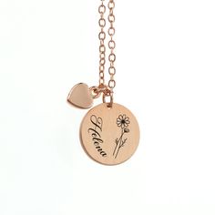 Treat her to a stylish and meaningful gift with our beautiful Personalised Birth Flower Brushed Heart and Disc Necklace. With its unique design, this necklace is perfect for any occasion. Whether you gift it to your mum this Mother’s Day, your girlfriend on Valentine’s or treat a loved one on their birthday, this outstanding piece of women’s jewellery will make the perfect gift for her. Personalise with your loved one’s name and their birth flower - both will be meticulously engraved onto the pendant by our personalisation exports - creating a truly one-of-a-kind gift that will hold real sentimental value to her. Alongside this will be a cute little heart pendant, representing your love - she’ll forever hold it close to her heart. Your necklace will come beautifully nestled inside in a sle Personalized Rose Gold Heart Necklace For Her, Valentine's Day Engraved Flower Pendant Necklaces, Gift Charm Necklaces With Heart And Flower Pendant, Heart-shaped Charm Necklace With Flower For Gift, Heart-shaped Flower Charm Necklace For Gift, Mother's Day Jewelry With Heart Charm And Flower Shape, Mother's Day Gift Necklace With Flower Charm, Mother's Day Flower Pendant Charm Necklace For Anniversary, Mother's Day Flower Jewelry With Heart Charm