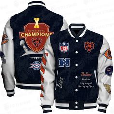 Chicago Bears X Champions Print Varsity Jacket SFAT V9 VARSITY JACKET The varsity jacket is perfect for the ones who are looking for a statement outwear option to make a cool casual outfit. It is not only trendy but also a practical item to wear during the colder season. It is perfect for casual wear,... Kansas City Chiefs Apparel, Chief Clothes, High Top Air Force, Sport Events, Super Bowl Champions, Collar Leather Jacket, Knitted Collar, Women Camping, Collared Sweatshirt