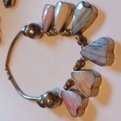 Heart Shaped Brass Necklace, Pink Quartz. Mother Of Pearl, Lapis. Pink Quartz 17 Inches, Nwot, Rare Find, Excellent Vintage Condition. Vintage Silver Necklace With Heart Beads, Bohemian Silver Necklace With Heart Charm, Traditional White Jewelry With Heart Beads, Wedding Jewelry With Heart Beads, Bohemian Silver Jewelry With Heart Charm, Silver Heart Beads Jewelry For Wedding, Necklace Heart, Brass Necklace, Pink Quartz