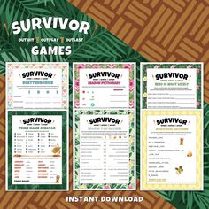 the survivor game is on display in front of a brown background with palm leaves and flowers