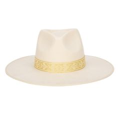 Say I do with this beautiful white fedora made for any Bride. Your look will be complete with lots of love and this perfect hat to match any dress. Features: Brim Size: 3.75" 100% wool Women's one size Wool felt flat brim fedora with gold jacquard band Classic Cream Felt Hat For Summer, Fitted Felt Hat With Flat Crown For Spring, Elegant Felt Hat With Flat Crown For Spring, Elegant Spring Felt Hat With Flat Crown, Elegant Spring Top Hat With Flat Crown, Adjustable Cream Felt Hat With Flat Crown, Beige Fitted Felt Hat With Flat Crown, Cream Sun Hat With Curved Brim For Rodeo, White Western Felt Hat For The Beach