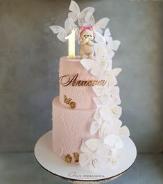 a pink cake with white butterflies and a teddy bear on top