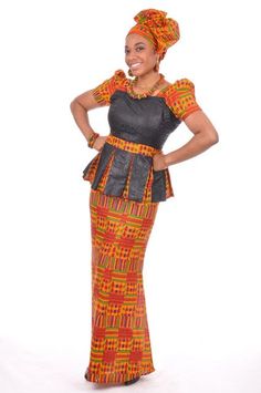 Kente Print Top and Skirt with Brocade Design-DP3227BP2 for special occasions or casual wear peplum top has a zipper at the back, form fitting waist of skirt has draw strings attractive