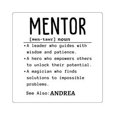 a white sign with black writing on it that says mentor, and an image of the word